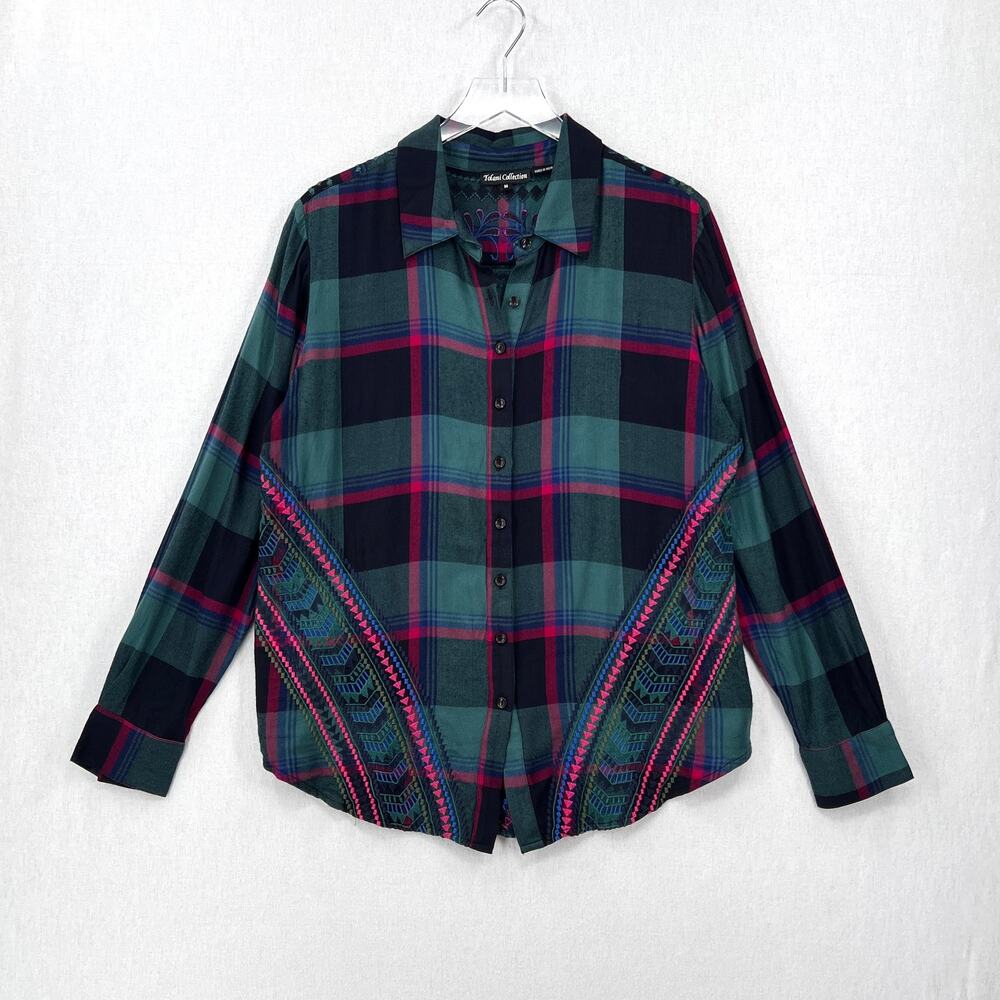 TOLANI COLLECTION Plaid Embroidered Button Up Shirt Womens Medium Green Black - Picture 2 of 16